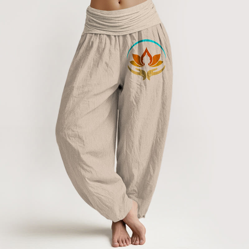 Buddha Stones Pantalon harem femme en pur coton, taille élastique, motif lotus et Bouddha - Tanné - US16，UK/AU20，EU48 (3XL) - image 11