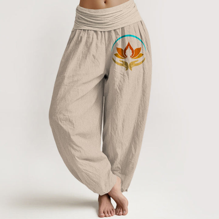 Buddha Stones Pantalon harem femme en pur coton, taille élastique, motif lotus et Bouddha - Tanné - US16，UK/AU20，EU48 (3XL) - image 11