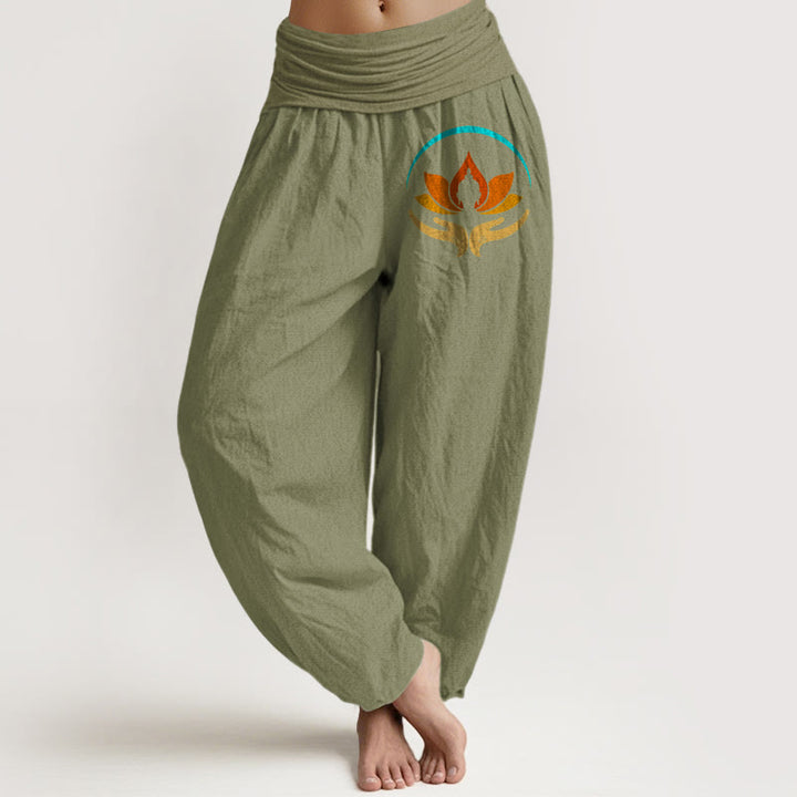 Buddha Stones Pantalon harem femme en pur coton, taille élastique, motif lotus et Bouddha - Vert olive - US16，UK/AU20，EU48 (3XL) - image 14