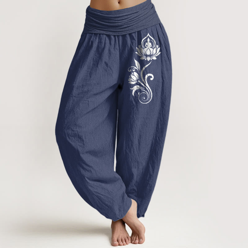 Buddha Stones Pantalon harem femme en pur coton, motif lotus et lotus, taille élastique - Bleu ardoise foncé - US16，UK/AU20，EU48 (3XL) - image 0
