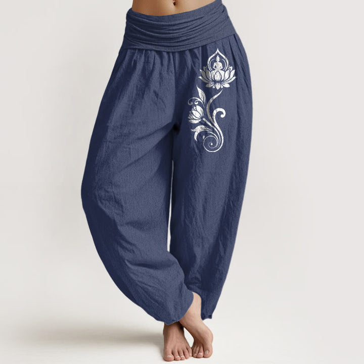 Buddha Stones Pantalon harem femme en pur coton, motif lotus et lotus, taille élastique - Bleu ardoise foncé - US16，UK/AU20，EU48 (3XL) - image 0