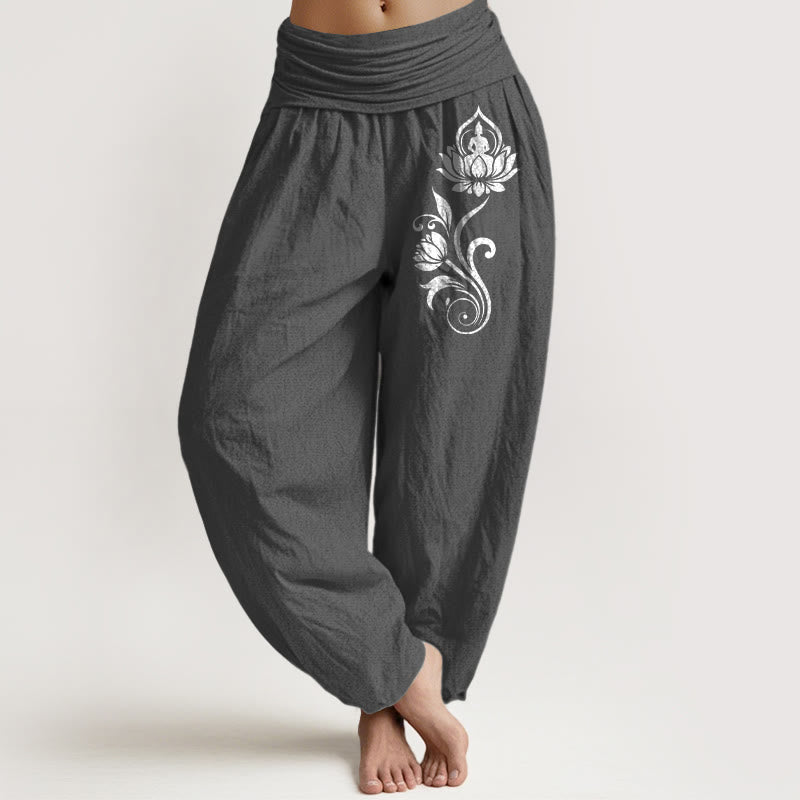 Buddha Stones Pantalon harem femme en pur coton, motif lotus et lotus, taille élastique - Gris terne - US16，UK/AU20，EU48 (3XL) - image 8