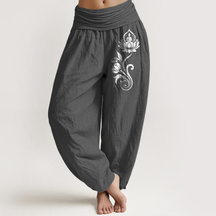 Buddha Stones Pantalon harem femme en pur coton, motif lotus et lotus, taille élastique - Gris terne - US16，UK/AU20，EU48 (3XL) - image 8