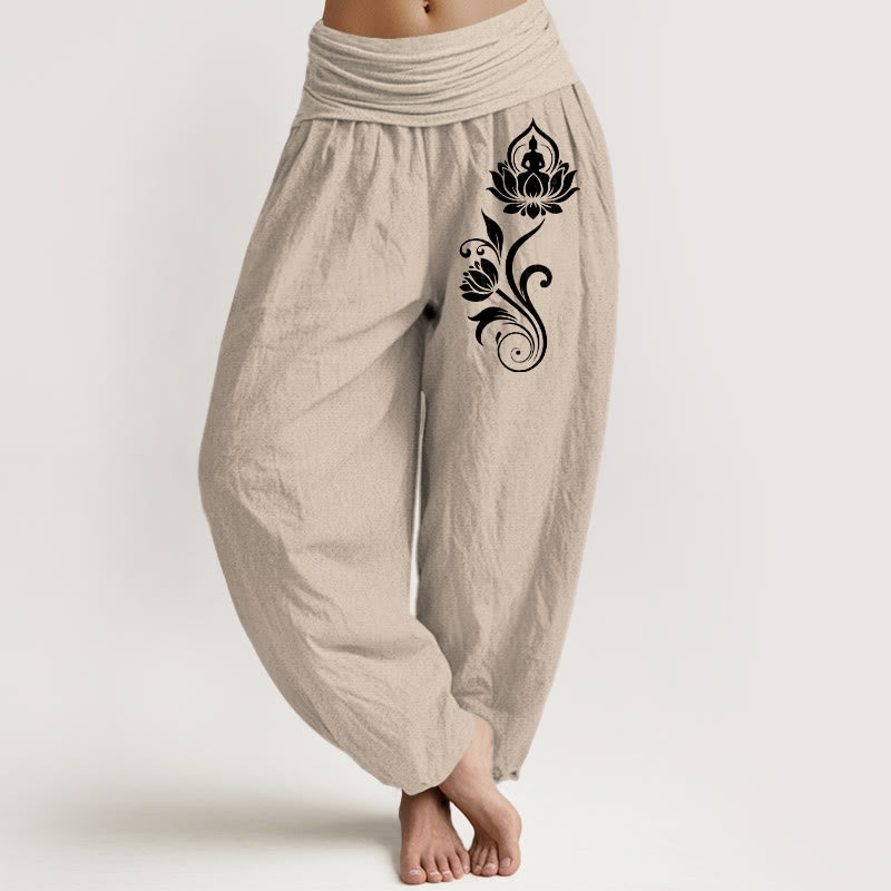 Buddha Stones Pantalon harem femme en pur coton, motif lotus et lotus, taille élastique - Tanné - US16，UK/AU20，EU48 (3XL) - image 11