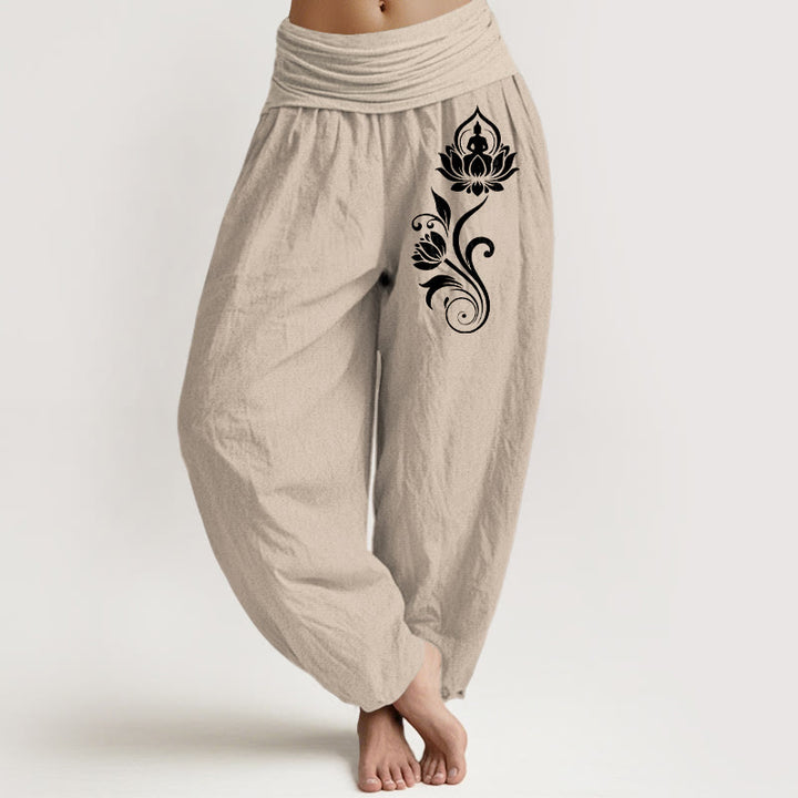 Buddha Stones Pantalon harem femme en pur coton, motif lotus et lotus, taille élastique - Tanné - US16，UK/AU20，EU48 (3XL) - image 11