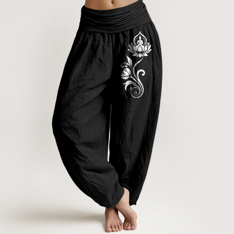 Buddha Stones Pantalon harem femme en pur coton, motif lotus et lotus, taille élastique - Noir - US16，UK/AU20，EU48 (3XL) - image 5