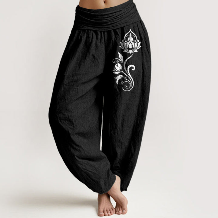 Buddha Stones Pantalon harem femme en pur coton, motif lotus et lotus, taille élastique - Noir - US16，UK/AU20，EU48 (3XL) - image 5
