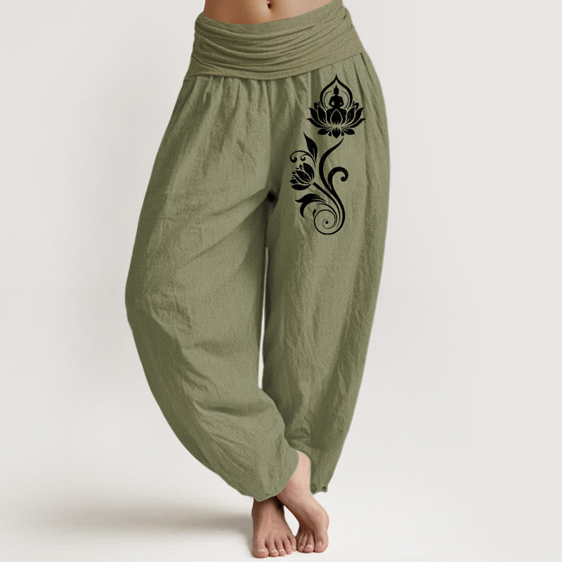 Buddha Stones Pantalon harem femme en pur coton, motif lotus et lotus, taille élastique - Vert olive - US16，UK/AU20，EU48 (3XL) - image 14