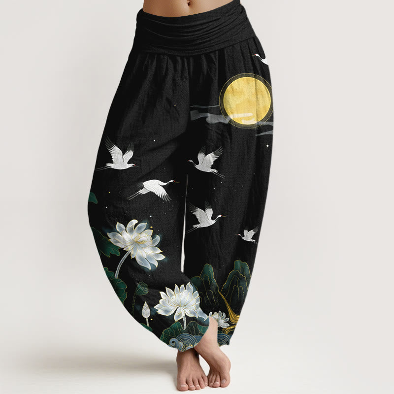 Buddha Stones Pantalon harem pour femme en pur coton, motif grue, lotus en fleur et montagne de lune, taille élastique - Noir - US16，UK/AU20，EU48 (3XL) - image 0