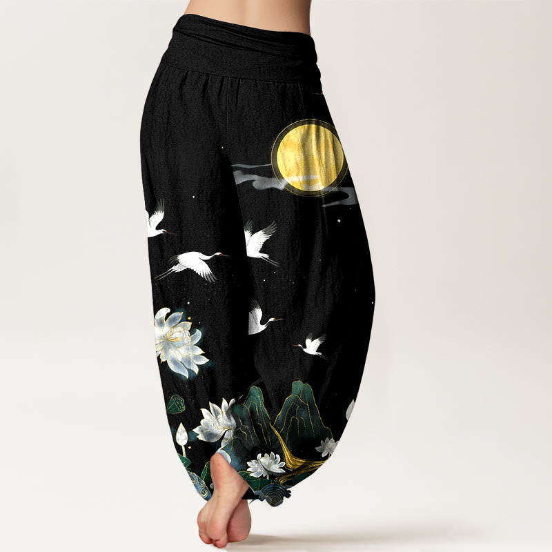 Buddha Stones Pantalon harem pour femme en pur coton, motif grue, lotus en fleur et montagne de lune, taille élastique - image 1
