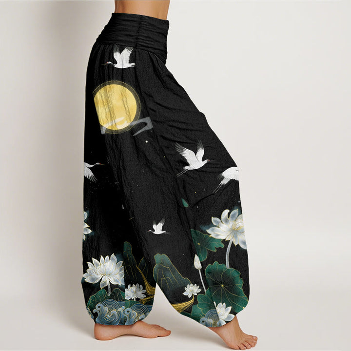 Buddha Stones Pantalon harem pour femme en pur coton, motif grue, lotus en fleur et montagne de lune, taille élastique - image 2