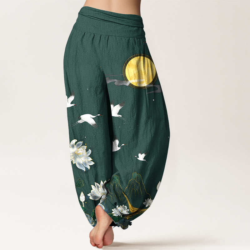 Buddha Stones Pantalon harem pour femme en pur coton, motif grue, lotus en fleur et montagne de lune, taille élastique - image 6