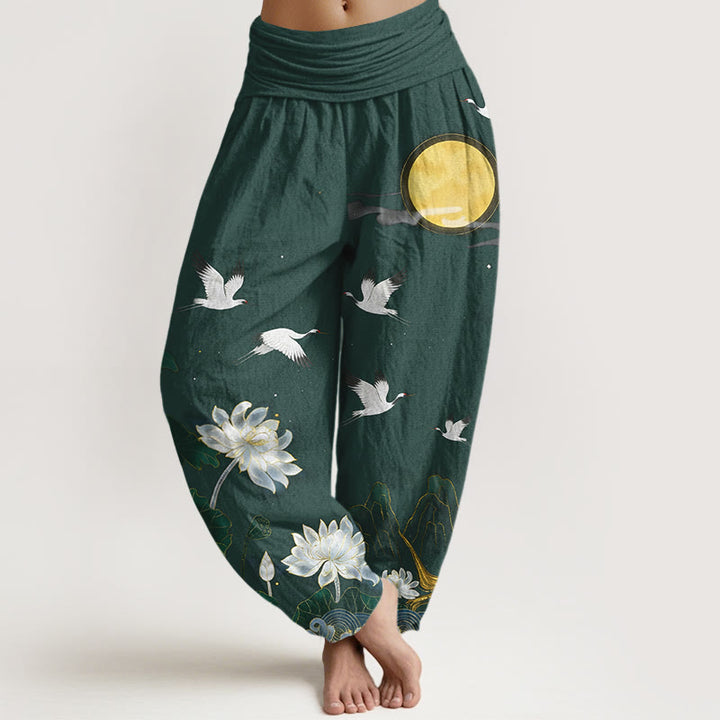 Buddha Stones Pantalon harem pour femme en pur coton, motif grue, lotus en fleur et montagne de lune, taille élastique - Gris ardoise foncé - US16，UK/AU20，EU48 (3XL) - image 5