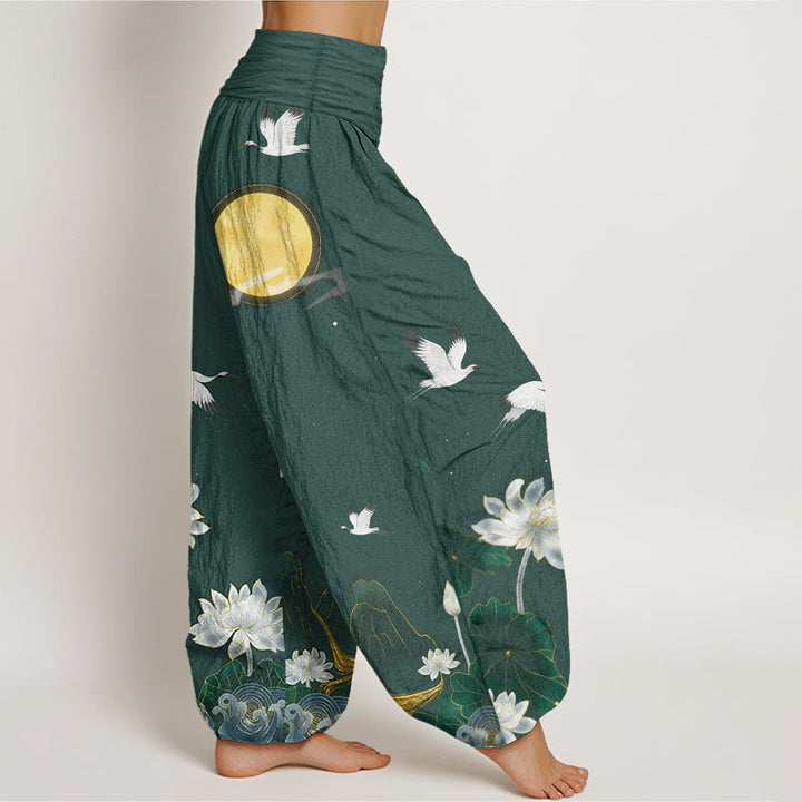 Buddha Stones Pantalon harem pour femme en pur coton, motif grue, lotus en fleur et montagne de lune, taille élastique - image 7