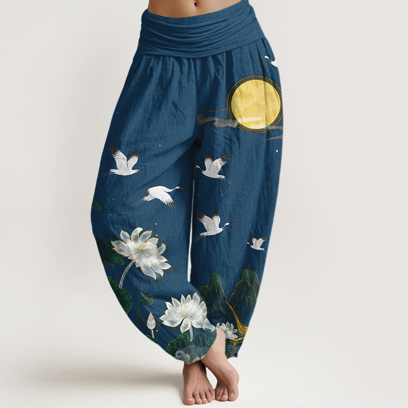 Buddha Stones Pantalon harem pour femme en pur coton, motif grue, lotus en fleur et montagne de lune, taille élastique - SteelBlue - US16，UK/AU20，EU48 (3XL) - image 8