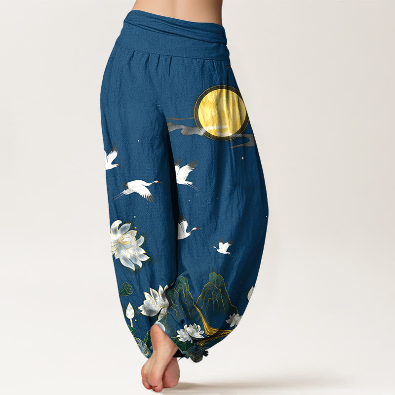 Buddha Stones Pantalon harem pour femme en pur coton, motif grue, lotus en fleur et montagne de lune, taille élastique - image 9