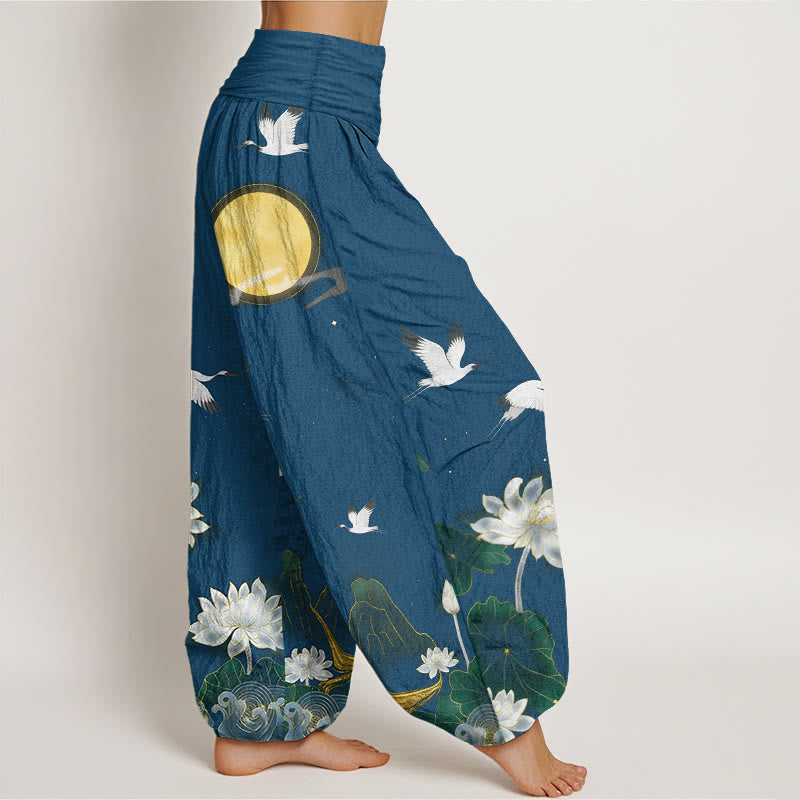 Buddha Stones Pantalon harem pour femme en pur coton, motif grue, lotus en fleur et montagne de lune, taille élastique - image 10