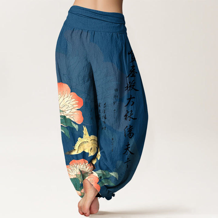 Buddha Stones Pantalon harem pour femme en pur coton avec calligraphie pivoine et taille élastique - image 1