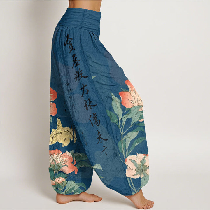 Buddha Stones Pantalon harem pour femme en pur coton avec calligraphie pivoine et taille élastique - image 2