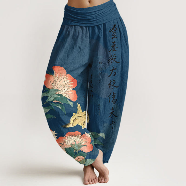 Buddha Stones Pantalon harem pour femme en pur coton avec calligraphie pivoine et taille élastique - SteelBlue - US16，UK/AU20，EU48 (3XL) - image 0