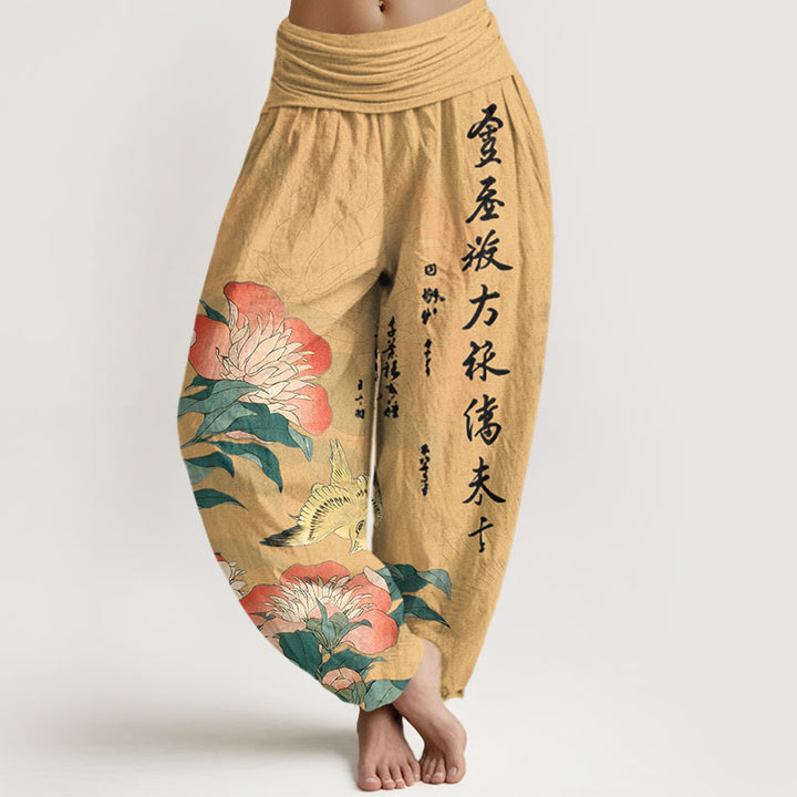 Buddha Stones Pantalon harem pour femme en pur coton avec calligraphie pivoine et taille élastique - Mocassin - US16，UK/AU20，EU48 (3XL) - image 5