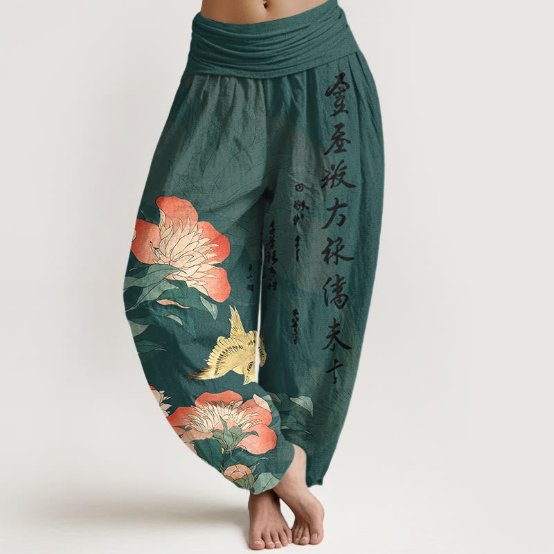 Buddha Stones Pantalon harem pour femme en pur coton avec calligraphie pivoine et taille élastique - Gris ardoise foncé - US16，UK/AU20，EU48 (3XL) - image 8