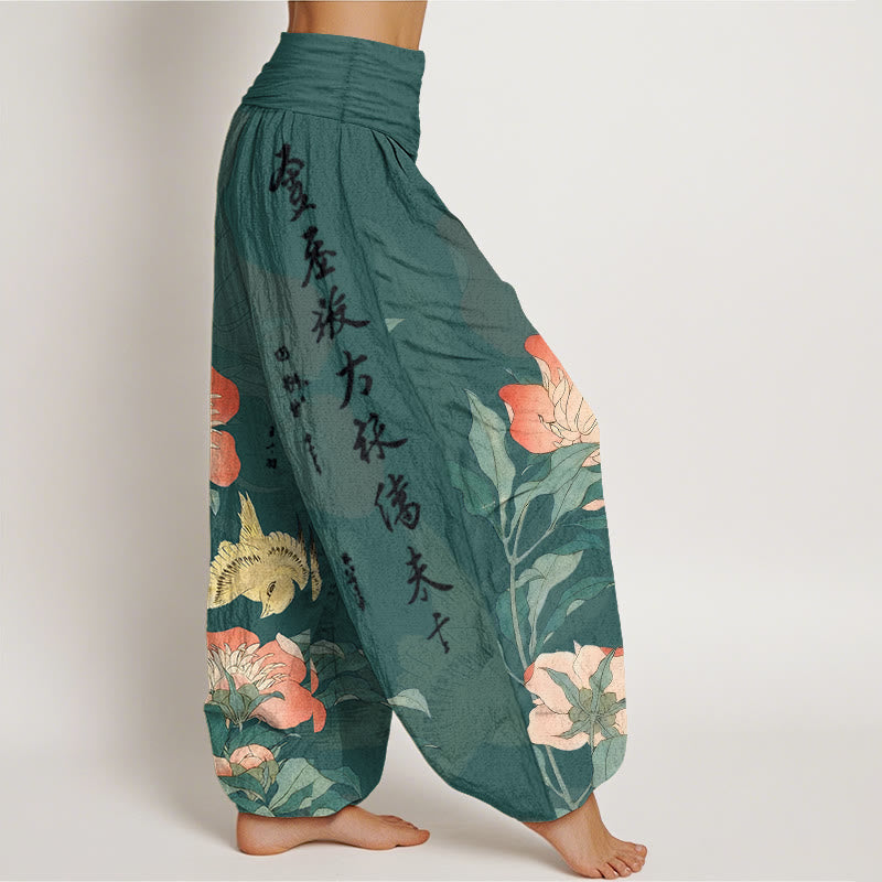 Buddha Stones Pantalon harem pour femme en pur coton avec calligraphie pivoine et taille élastique - image 10