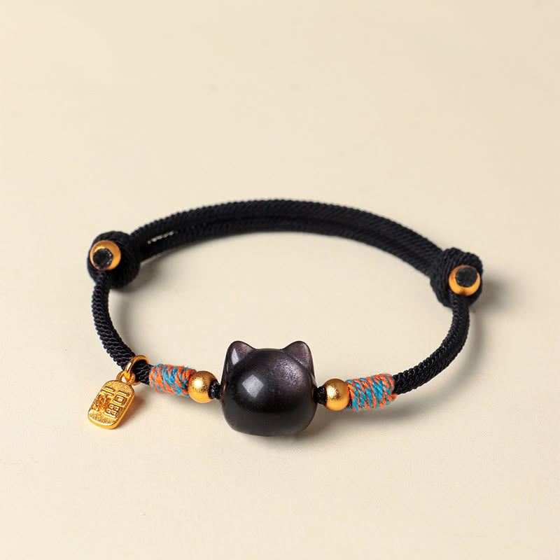 Buddha Stones Bracelet de protection en obsidienne argentée et cristal rose, personnage de Cat Fu - image 2