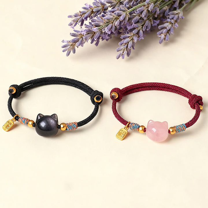 Buddha Stones Bracelet de protection en obsidienne argentée et cristal rose, personnage de Cat Fu - image 17