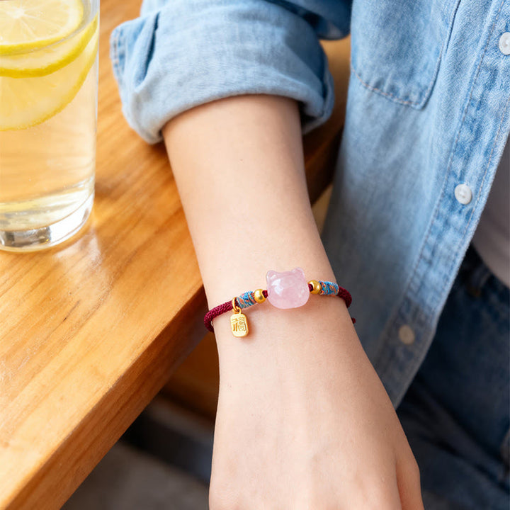 Buddha Stones Bracelet de protection en obsidienne argentée et cristal rose, personnage de Cat Fu - image 15