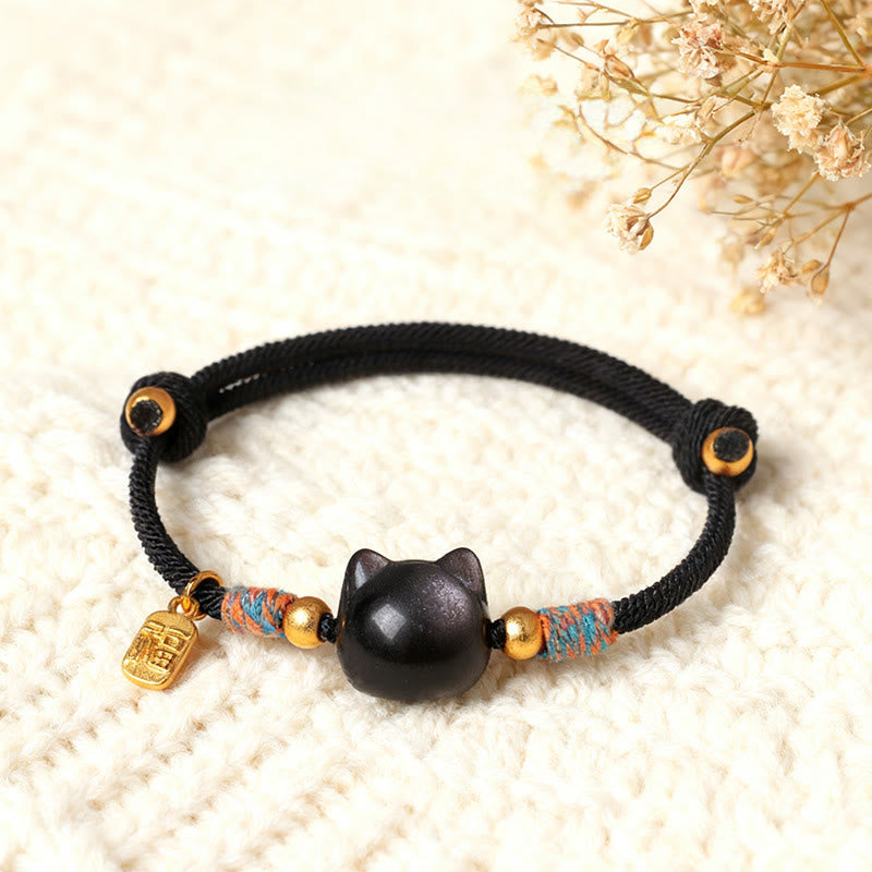 Buddha Stones Bracelet de protection en obsidienne argentée et cristal rose, personnage de Cat Fu - Corde noire en obsidienne à reflets argentés (Tour de poignet : 15-18 cm) - image 0