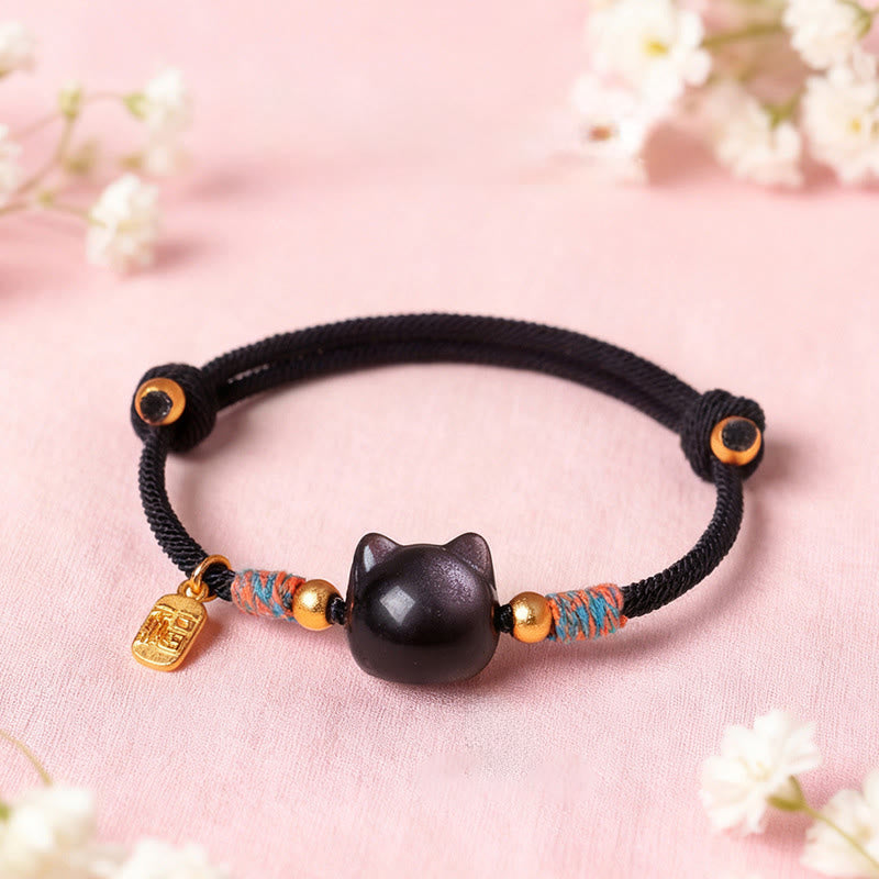 Buddha Stones Bracelet de protection en obsidienne argentée et cristal rose, personnage de Cat Fu - image 1