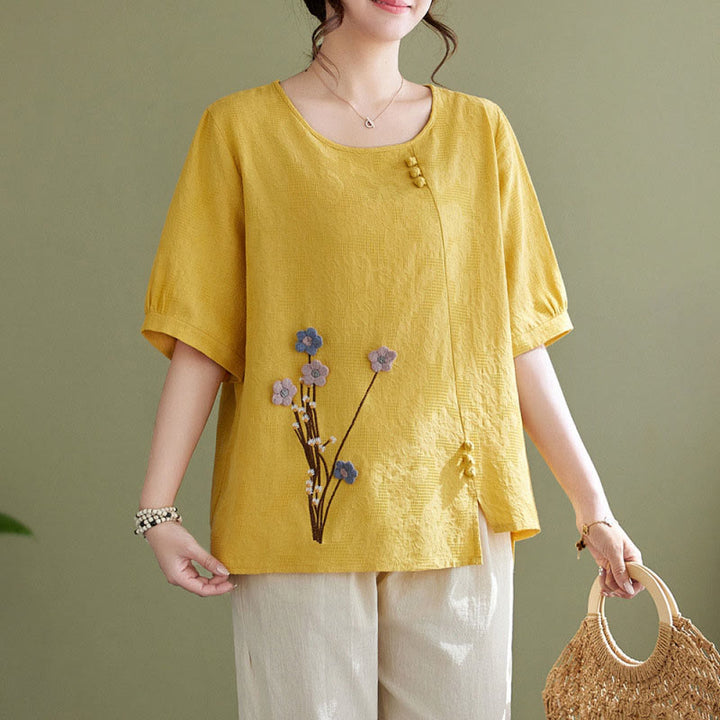 Buddha Stones Chemise femme en coton à manches courtes et col rond, ornée de fleurs en relief - Jaune - US12，UK/AU16，EU44 (3XL) - image 9