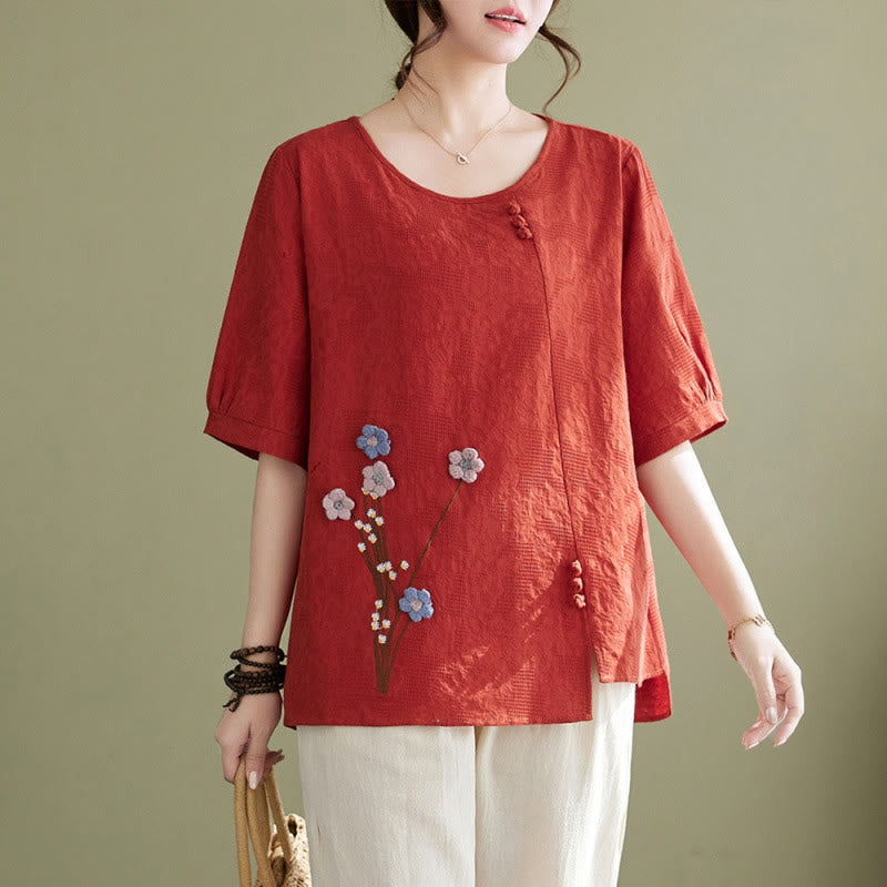 Buddha Stones Chemise femme en coton à manches courtes et col rond, ornée de fleurs en relief - Tomate - US12，UK/AU16，EU44 (3XL) - image 6