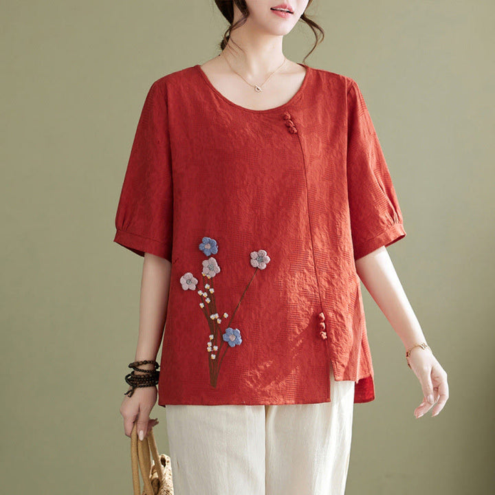 Buddha Stones Chemise femme en coton à manches courtes et col rond, ornée de fleurs en relief - Tomate - US12，UK/AU16，EU44 (3XL) - image 6