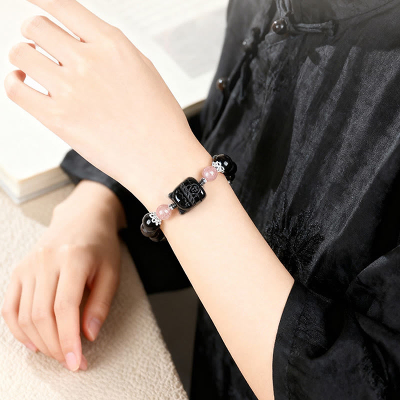 Buddha Stones Bracelet de protection en quartz fraise et obsidienne argentée à reflets chat - image 4