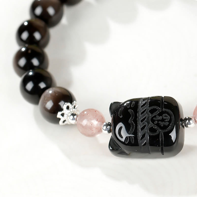 Buddha Stones Bracelet de protection en quartz fraise et obsidienne argentée à reflets chat - image 10