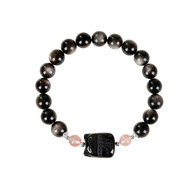 Buddha Stones Bracelet de protection en quartz fraise et obsidienne argentée à reflets chat - image 9