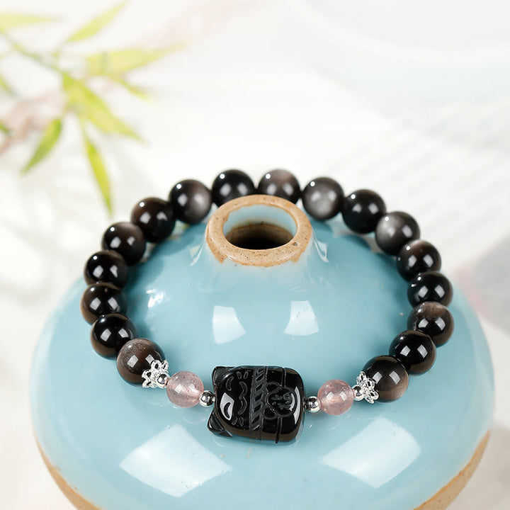 Buddha Stones Bracelet de protection en quartz fraise et obsidienne argentée à reflets chat - image 3
