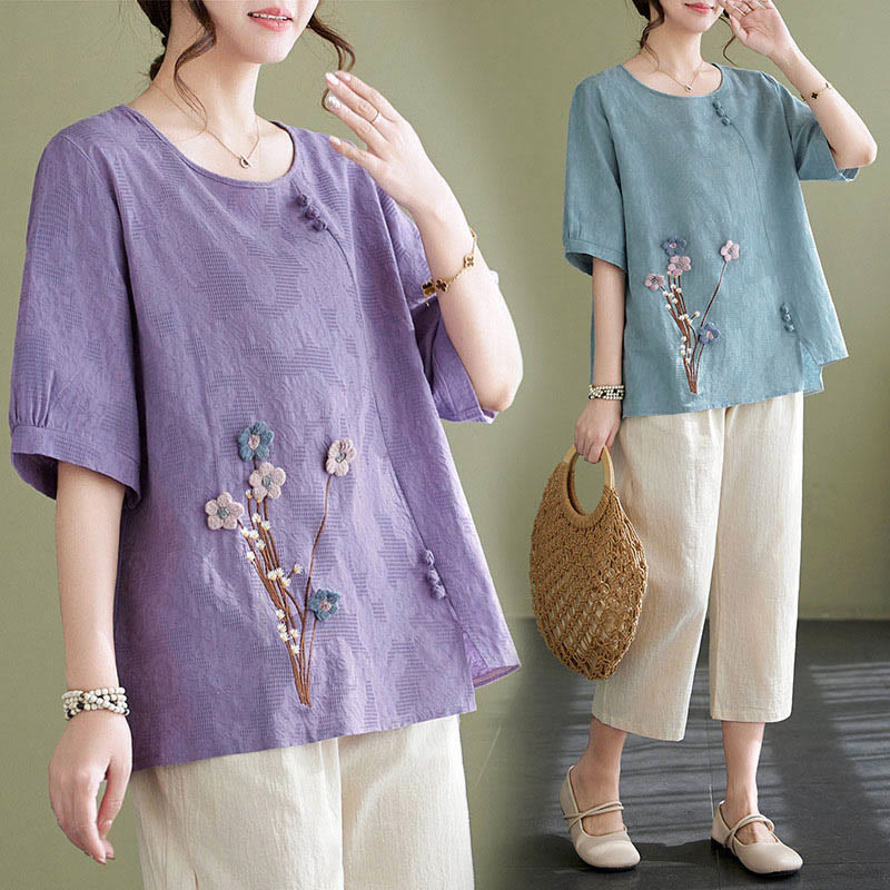 Buddha Stones Chemise femme en coton à manches courtes et col rond, ornée de fleurs en relief - image 17