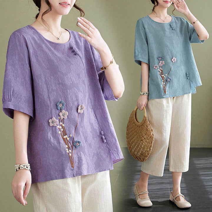 Buddha Stones Chemise femme en coton à manches courtes et col rond, ornée de fleurs en relief - image 17