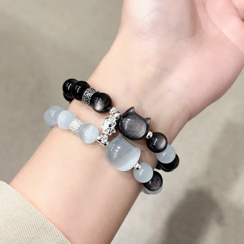 Buddha Stones Bracelet positif en obsidienne œil-de-chat blanc à tête de chat et reflet argenté - image 17
