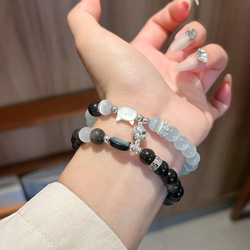 Buddha Stones Bracelet positif en obsidienne œil-de-chat blanc à tête de chat et reflet argenté - image 15