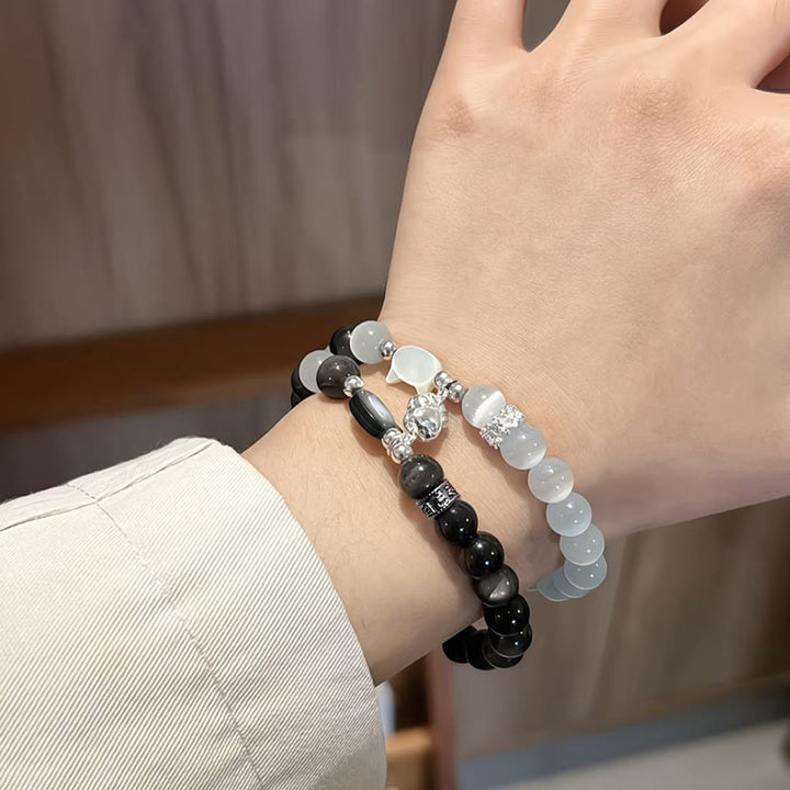 Buddha Stones Bracelet positif en obsidienne œil-de-chat blanc à tête de chat et reflet argenté - image 7