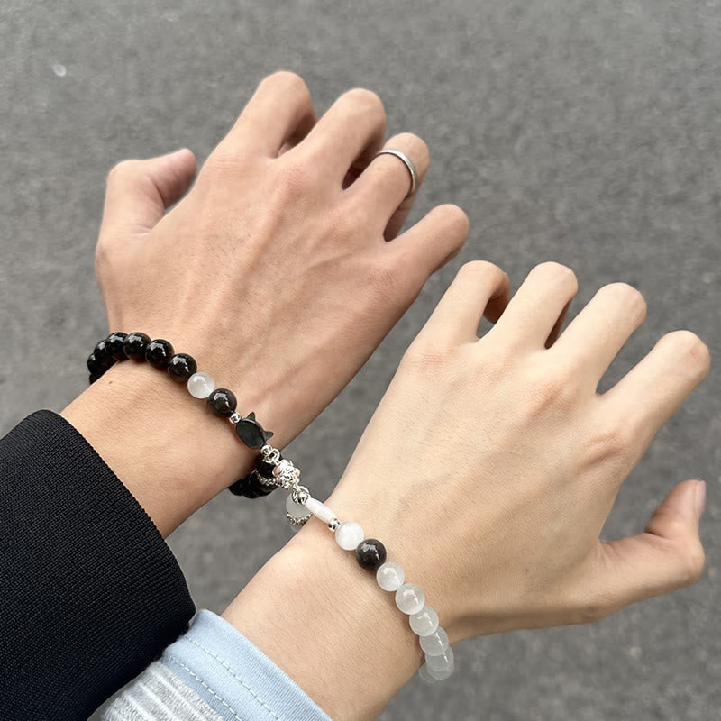 Buddha Stones Bracelet positif en obsidienne œil-de-chat blanc à tête de chat et reflet argenté - image 8