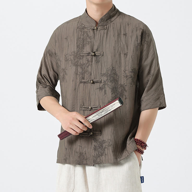 Buddha Stones Chemise homme à manches courtes et boutons brandebourg, motif aiguilles de pin d'été - Tanné - US/UK/AU46，EU56 (5XL) - image 0