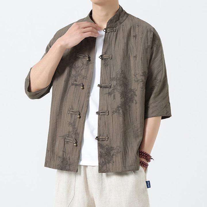 Buddha Stones Chemise homme à manches courtes et boutons brandebourg, motif aiguilles de pin d'été - image 2