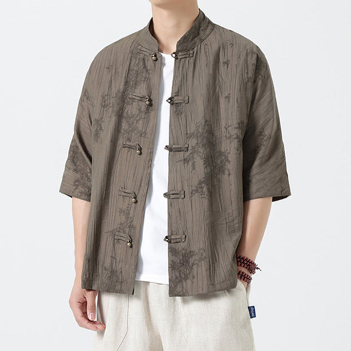 Buddha Stones Chemise homme à manches courtes et boutons brandebourg, motif aiguilles de pin d'été - image 3