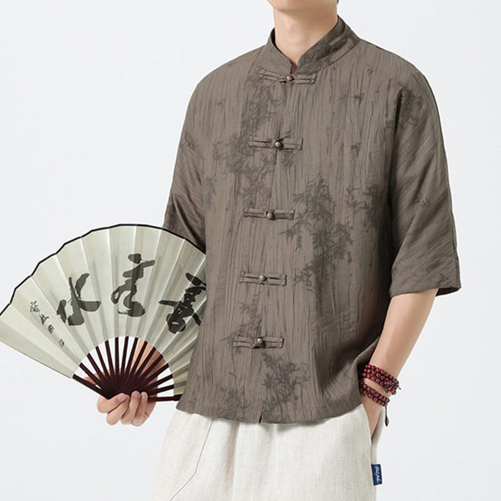 Buddha Stones Chemise homme à manches courtes et boutons brandebourg, motif aiguilles de pin d'été - image 6
