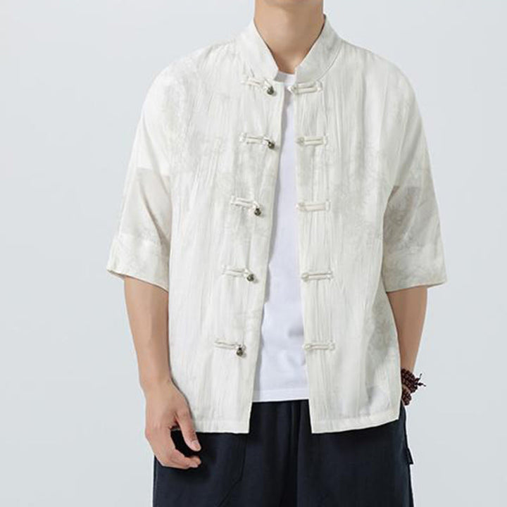 Buddha Stones Chemise homme à manches courtes et boutons brandebourg, motif aiguilles de pin d'été - image 11